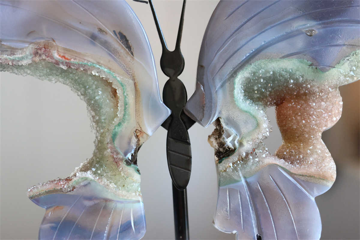 500g Natural Geode Agate Carved Butterfly Wing Reiki Crystal Decor Gift + Stand