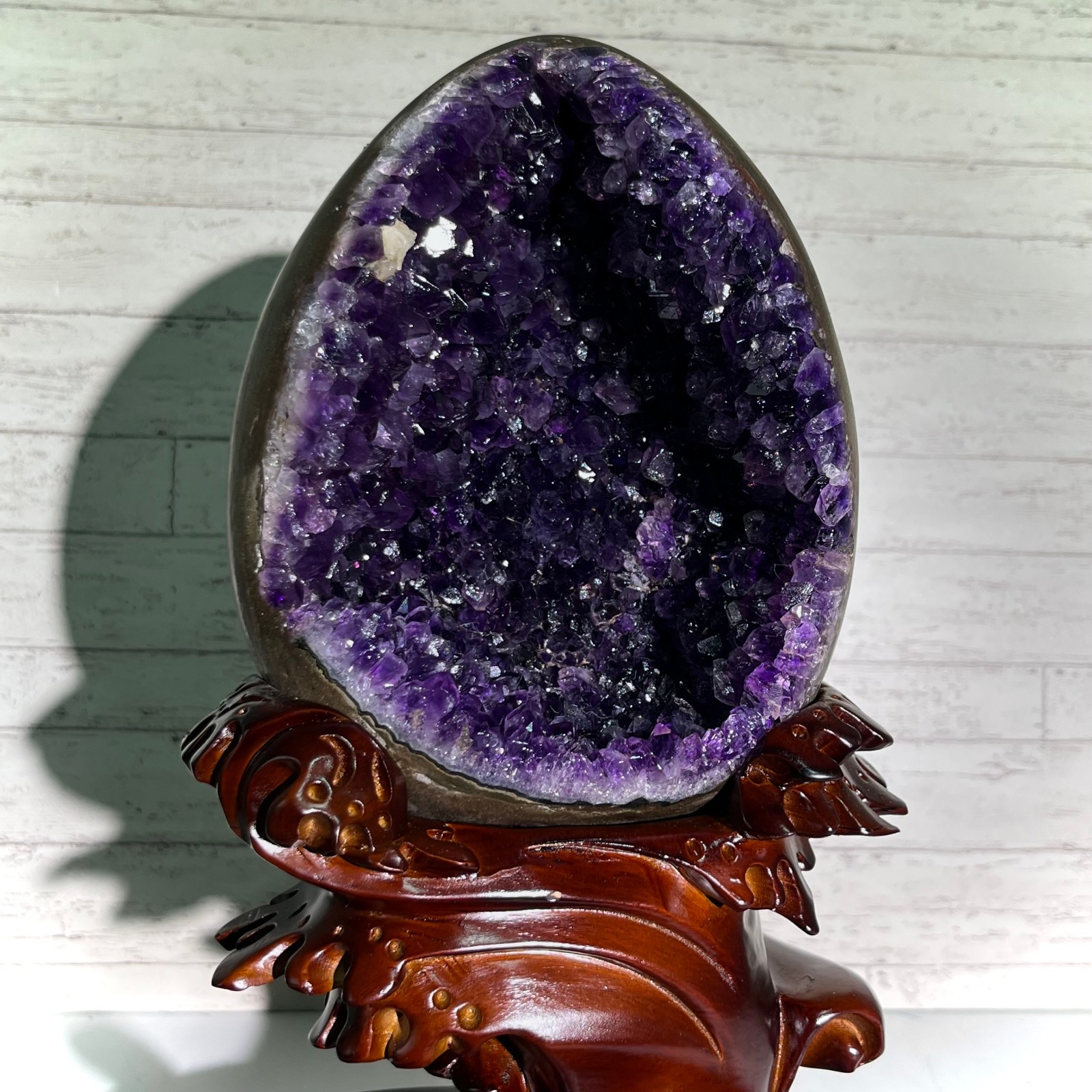 13.4 lb Amethyst Cluster Geode Dragon Egg Crystal w/ Wood Stand Mineral Specimen