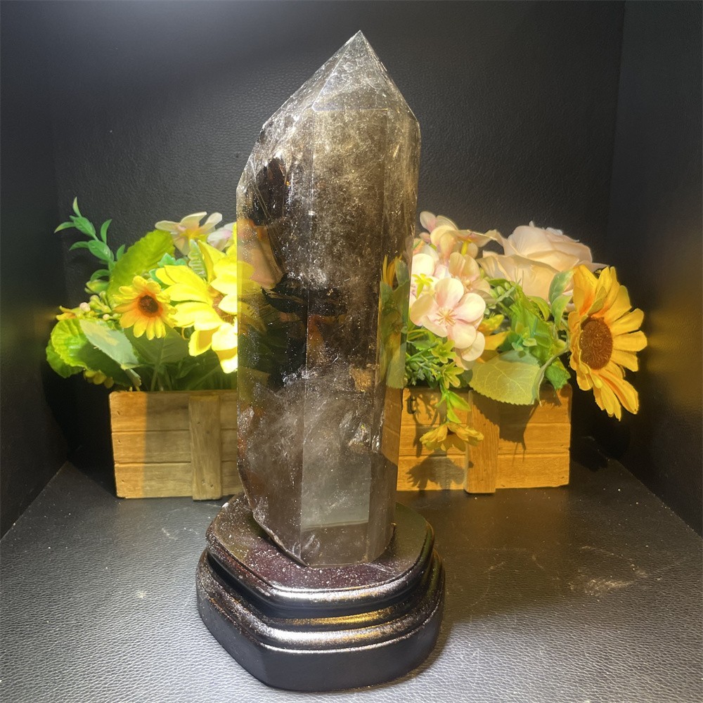 5.5LB 10.6″ A++Natural Smoky Quartz Obelisk Tower Quartz Crystal Energy +Stand