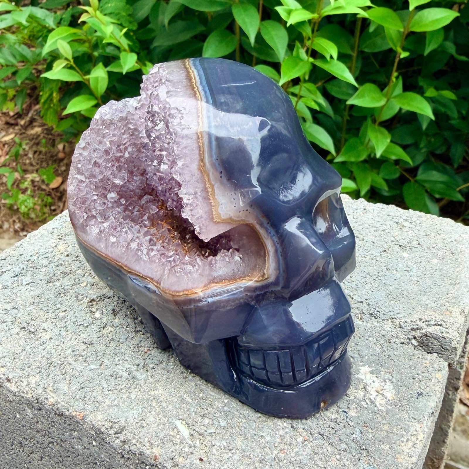 2.33lb Amethyst agate crystal cave skull, Rare hand carved skull specimen