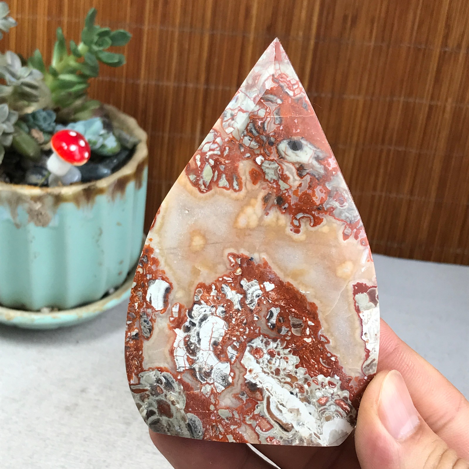Natural money Mexico agate hand carve leaf Crystal Specimen free standing A6275
