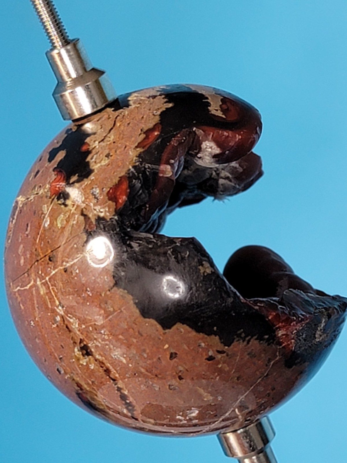 93G Natural Volcanic Red Agate QUARTZ Crystal Sphere and Aluminum Display Stand