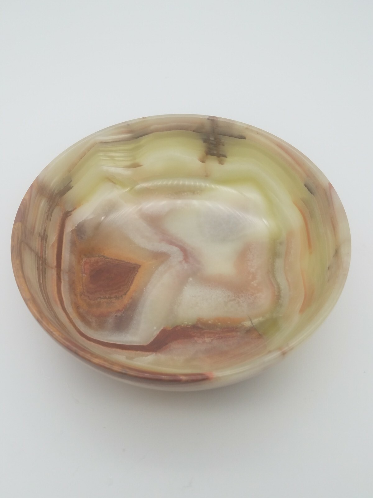 6″ Thin Carved Onyx Bowl Green, Red, Gold, Brown, White Veins