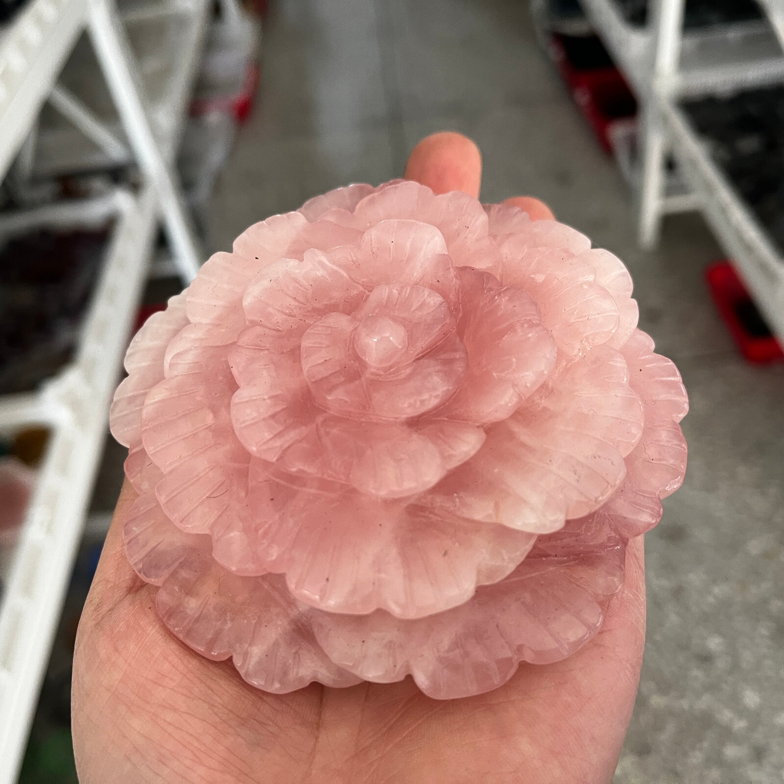 1PC Natural Pink rose Quartz Carved Peony Flower Skull Crystal Reiki gift