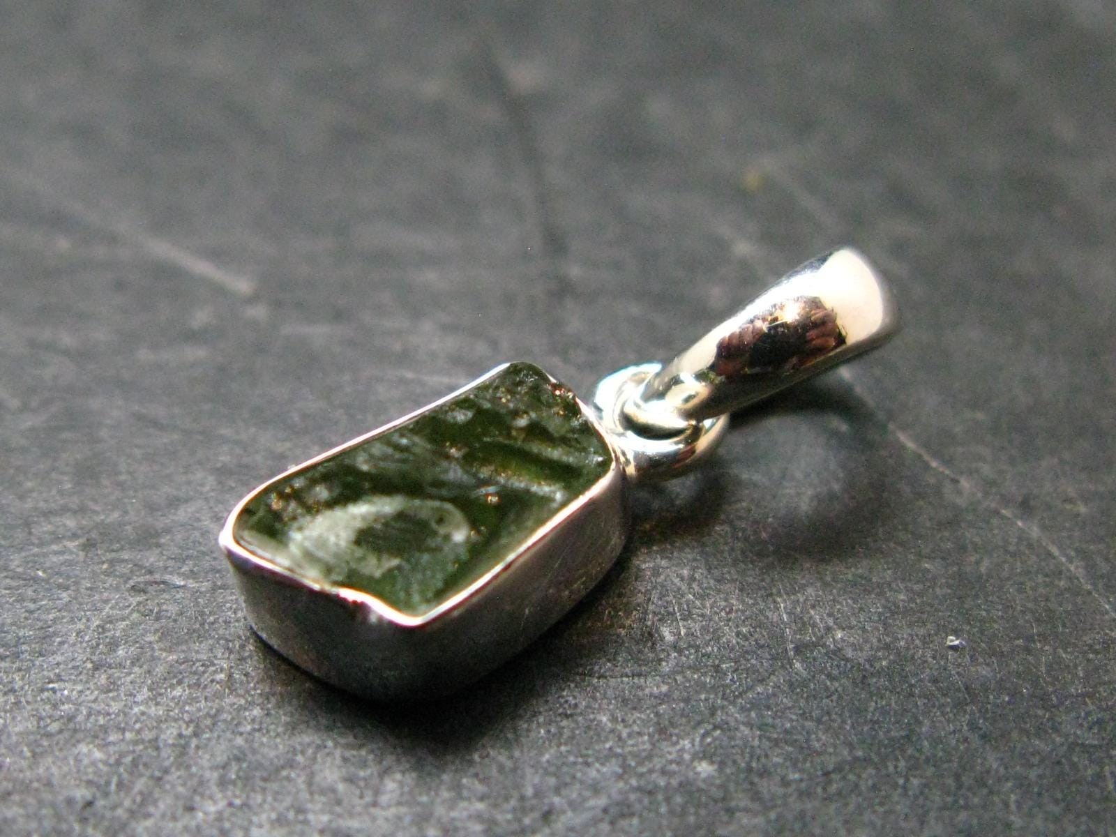 Gem Moldavite Tektite SS Pendant From Czech Republic – 0.7″ – 1.0 Grams