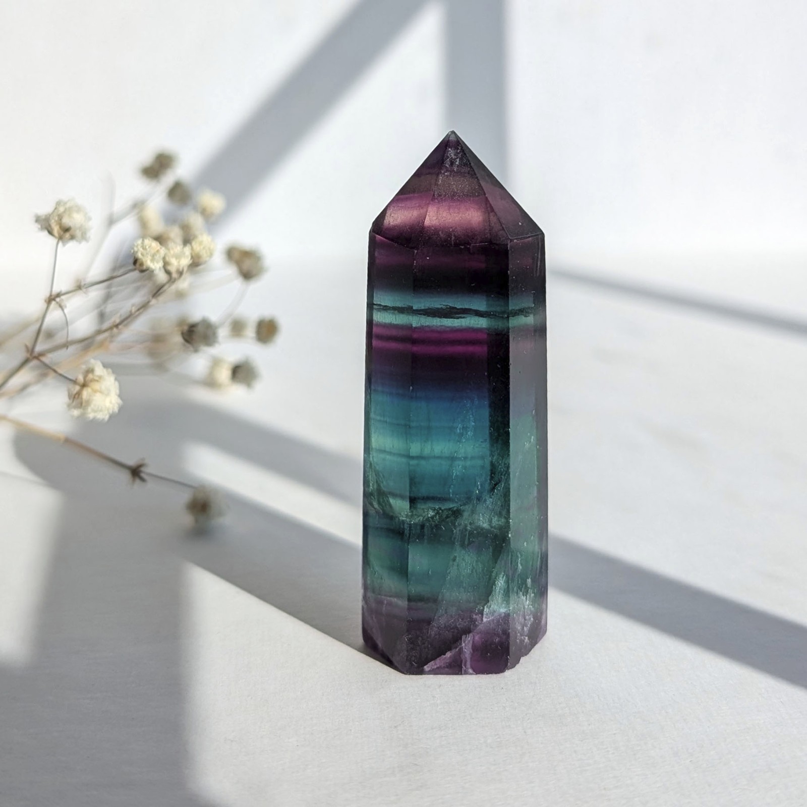 2.3″ watercolor banded fluorite tower point, purple blue teal rainbow fluorite