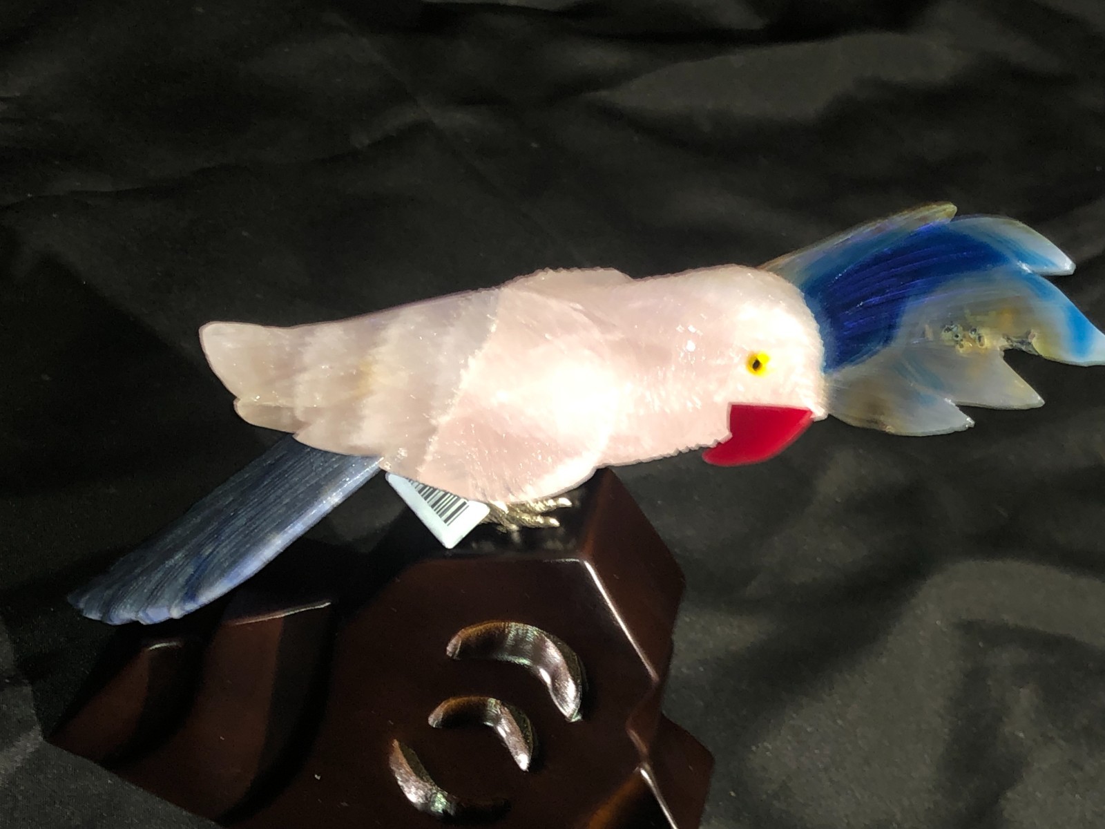 BEAUTIFUL PINK AND BLUE QUARTZ BIRD WITH WOODEN DESIGNED STAND ( NO-RESERVE )