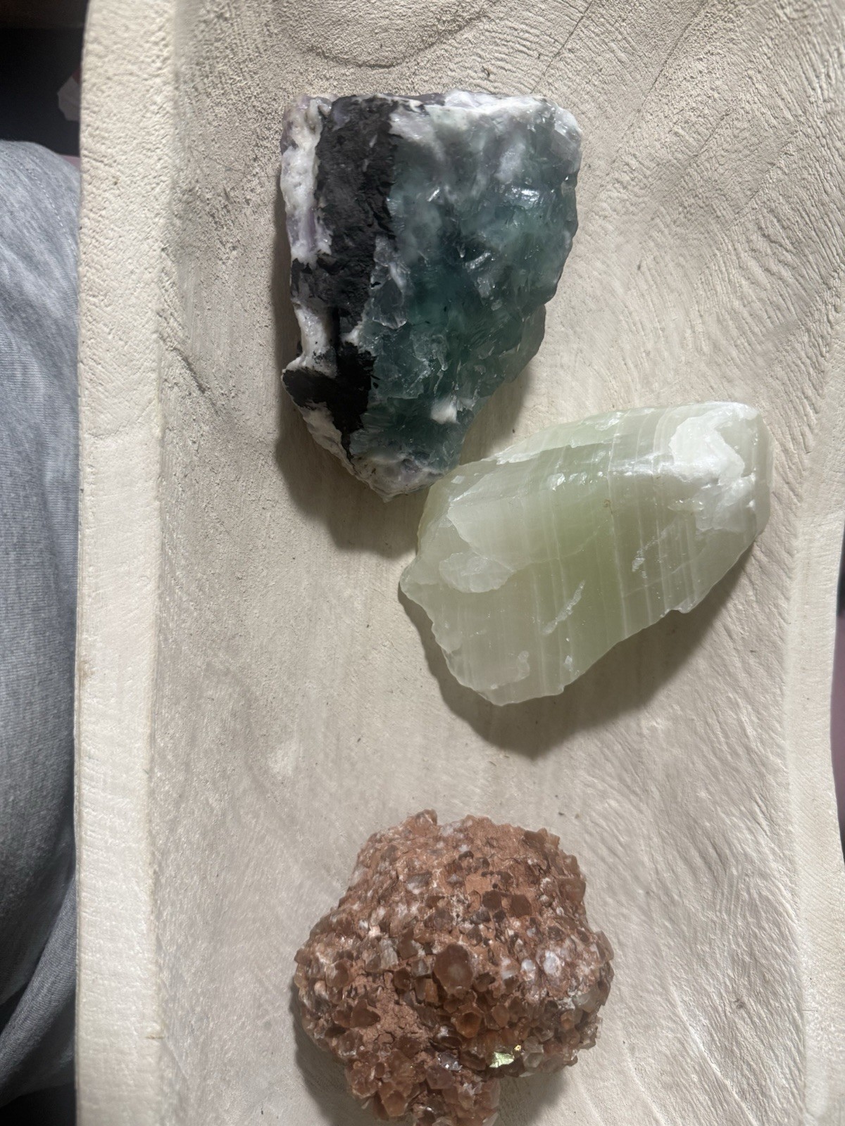 Lot of 3 Rough Mineral Crystal Specimens Green White Orange/Brown Rocks w/ bowl