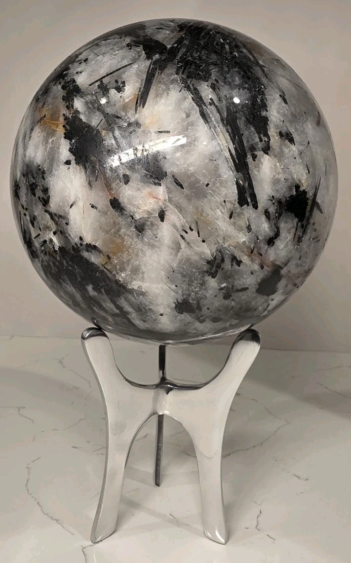 16.8LB 7″ Huge Tourmalinated Quartz Sphere Black Tourmaline Crystal Orb / Stand
