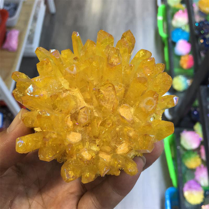 Natural Angel Aura Yellow Energy Titanium Stone Quartz Crystal Cluster Specimen