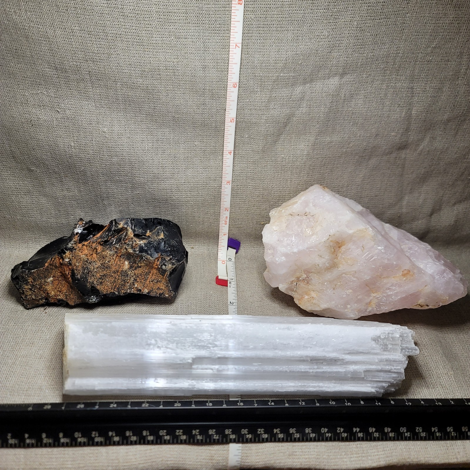 5.46 Lb 3 pcs Crystal Assortment Rough Obsidian Rose Quartz Selenite Bulk Bundle