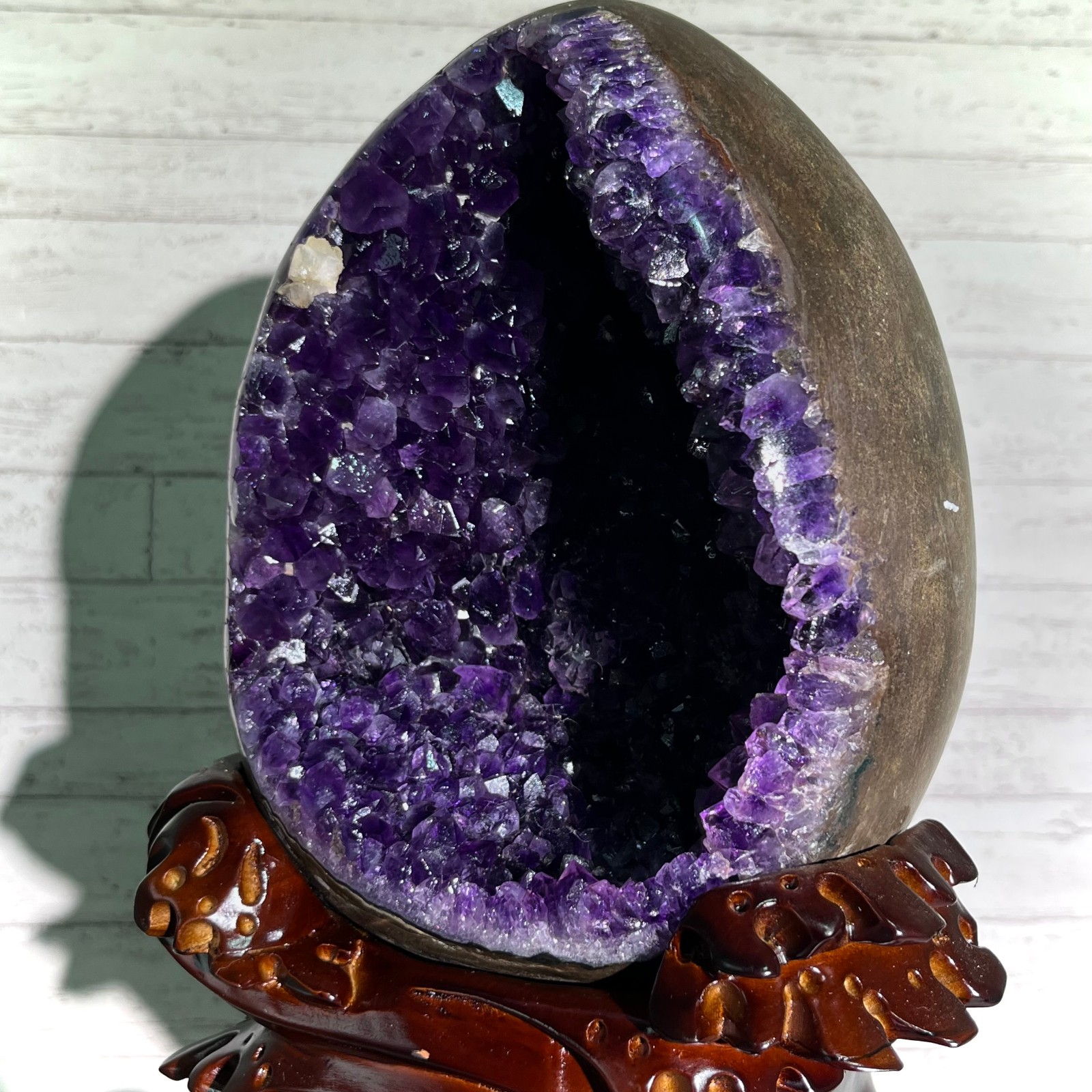 13.4 lb Amethyst Cluster Geode Dragon Egg Crystal w/ Wood Stand Mineral Specimen