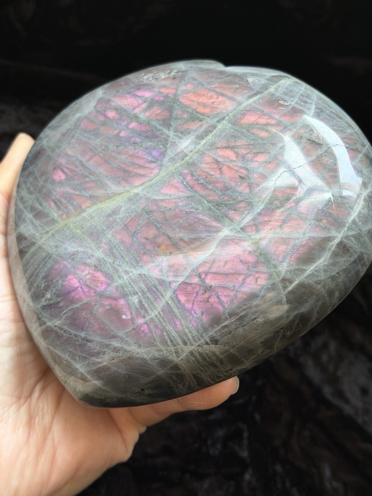 5.15” Large Purple Pink Orange Flash Labradorite Crystal Heart 1100 Grams