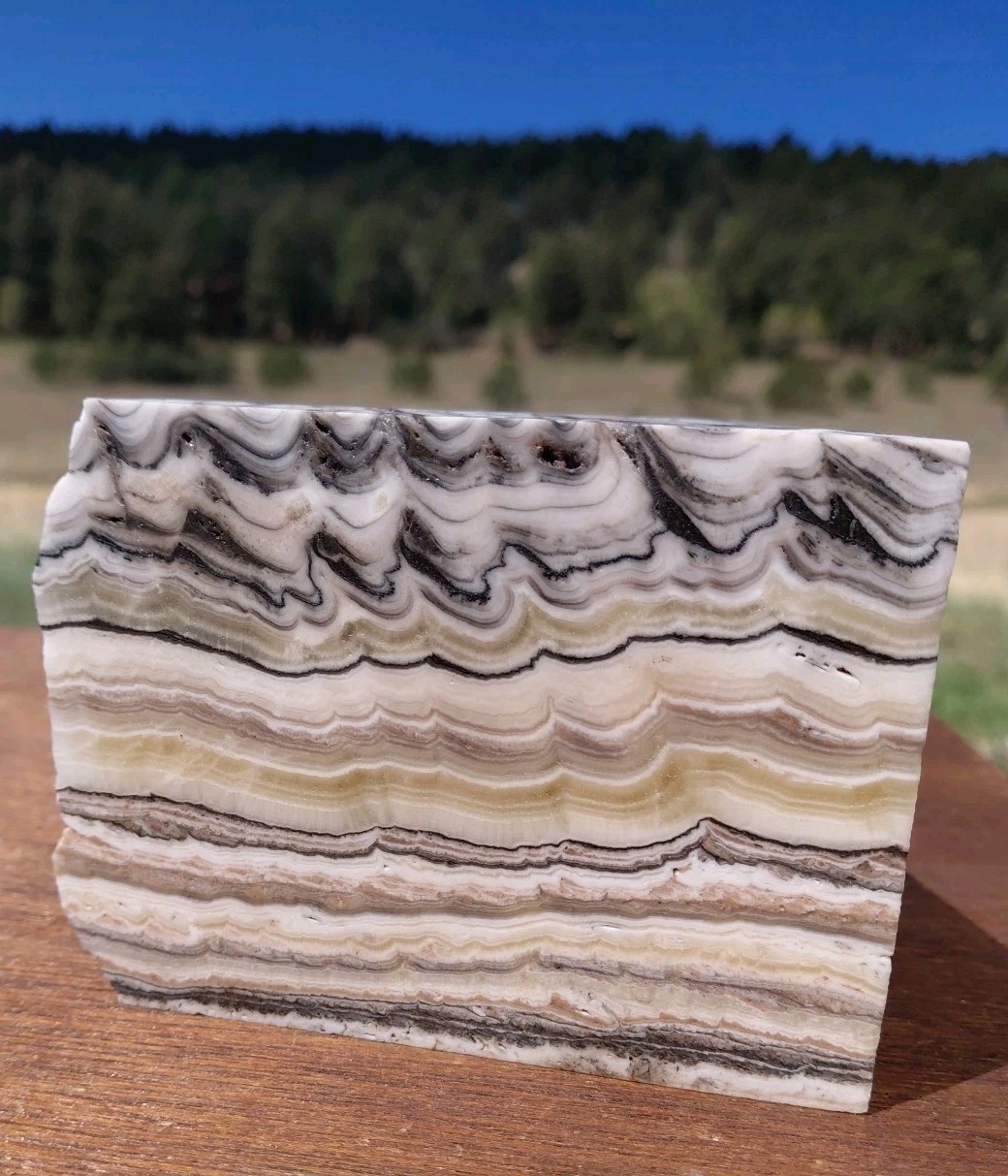 Zebra Calcite Polished Crystal Pyramid 2 3/4Lb Bands UV+ 4 3/4″× 3 1/2″ ×3 1/2