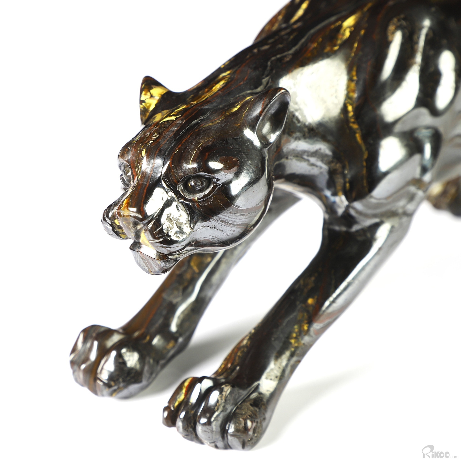 10.5″ Colorful Tiger Iron Eye Hand Carved Crystal Leopard Sculpture, Healing