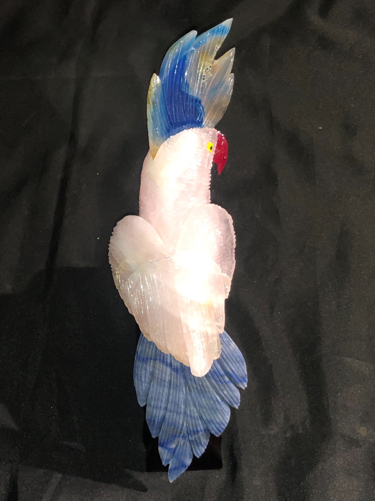 BEAUTIFUL PINK AND BLUE QUARTZ BIRD WITH WOODEN DESIGNED STAND ( NO-RESERVE )