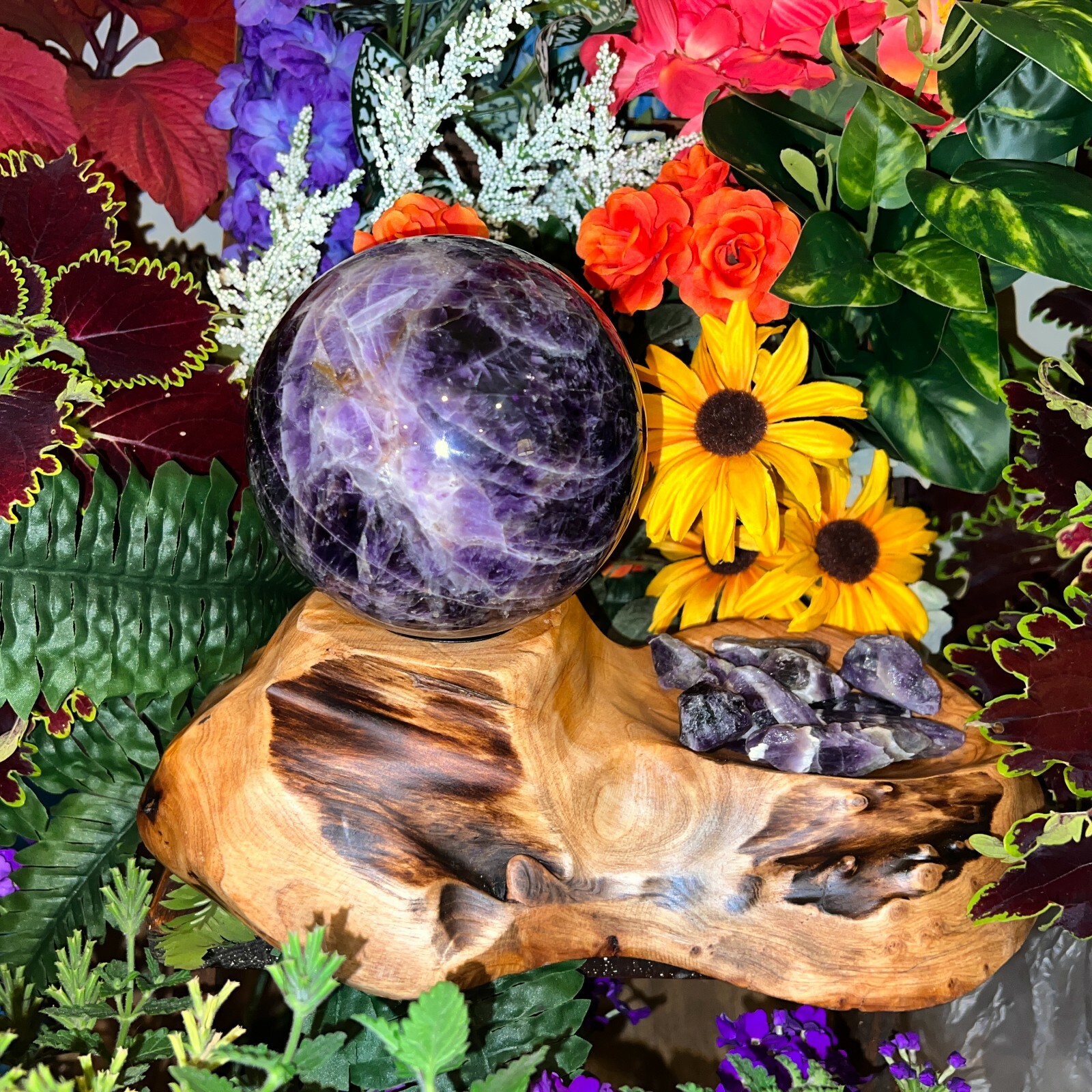 BEAUTIFUL 5+ lbs AURALITE 23 Sphere + Teak Wood Base + 1/2 lb Auralite Rough-A22