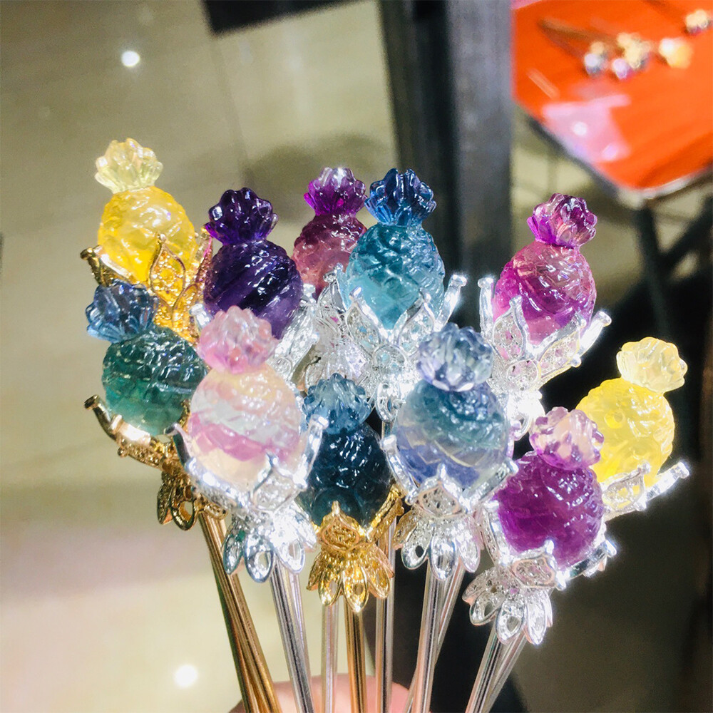 5pc Natural Fluorite Carved Rose Flower Hairpin Quartz Crystal Reiki Healing New
