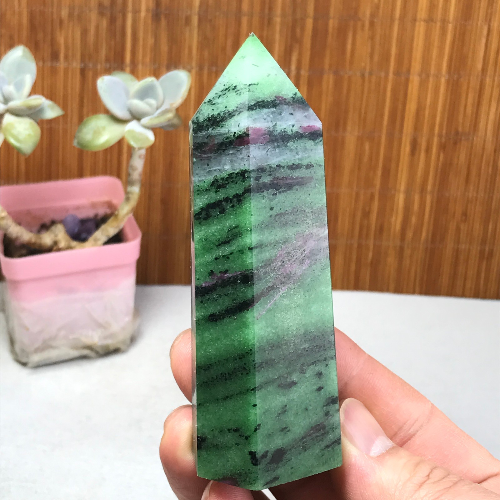 101-35-28mm Natural epidote wand Obelisk Crystal Quartz specimens 210g A3467