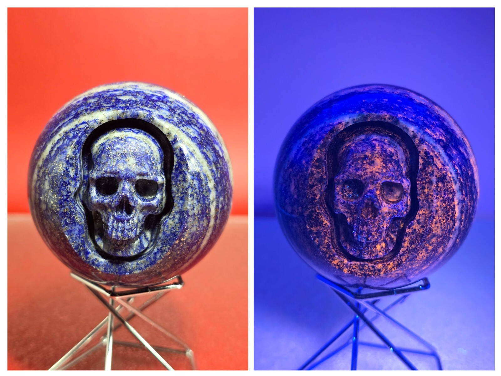 400G Rare UV Blue Lapis Lazuli Crystal Sphere Hand Carved Skull Reiki Healing