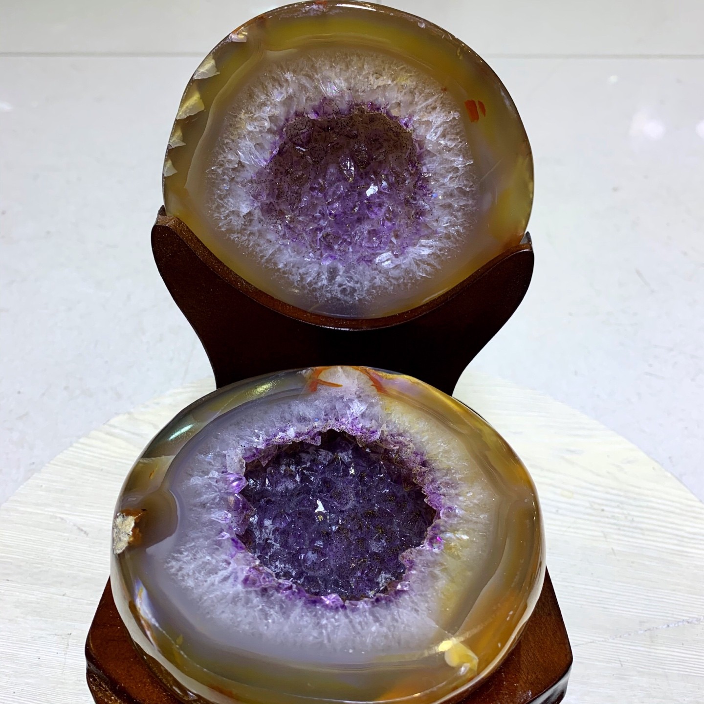 Agate Amethyst Crystal Geode Treasure Bowl with Wood Stand Healing Decor
