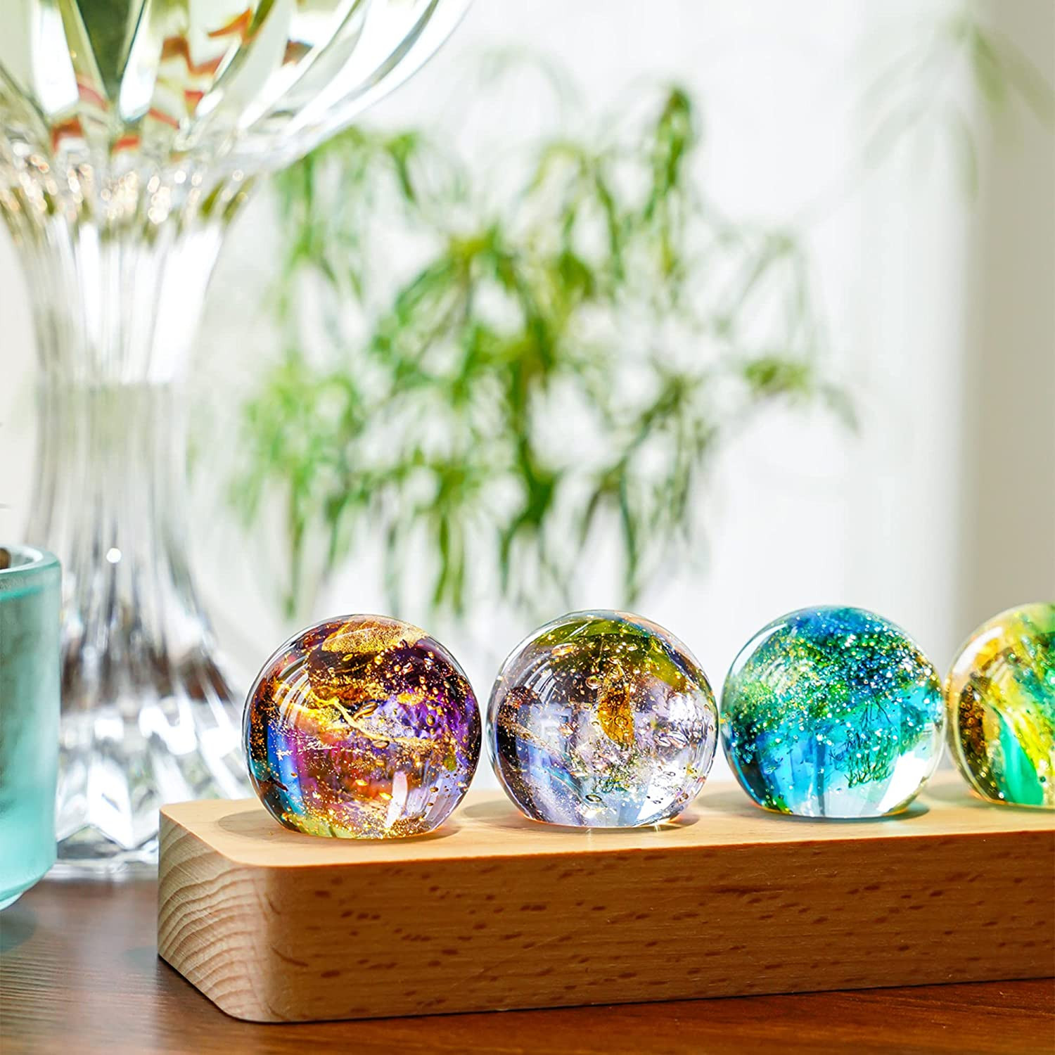 7 Chakra Natural Healing Spheres with LED Wooden Stand 40Mm Crystal Quartz Stone