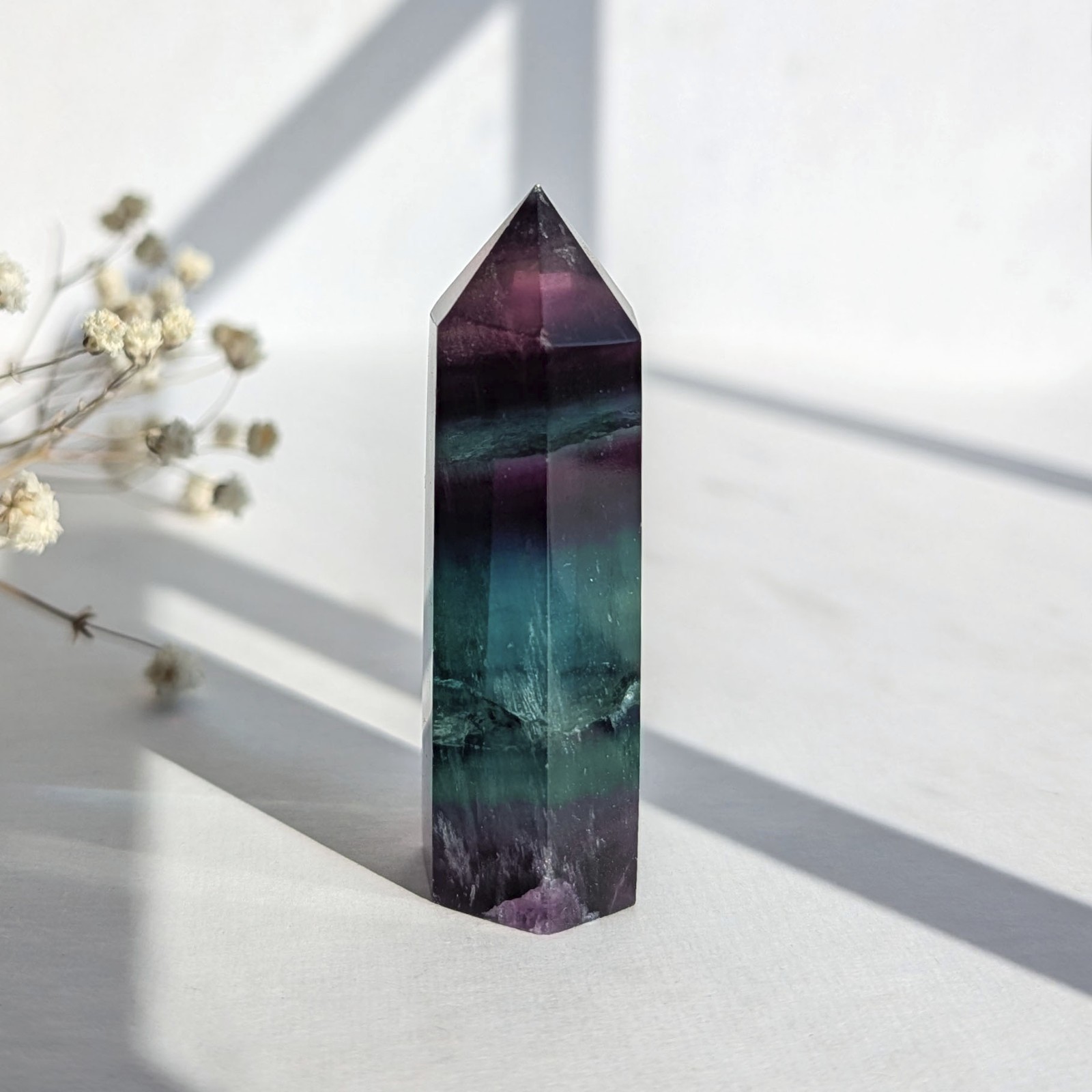 2.3″ watercolor banded fluorite tower point, purple blue teal rainbow fluorite