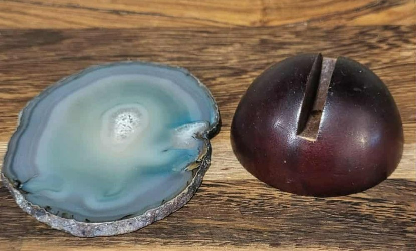 Blue Agate Geode Slice on Wooden Stand Brazil 3.75″ Natural Crystal Decor