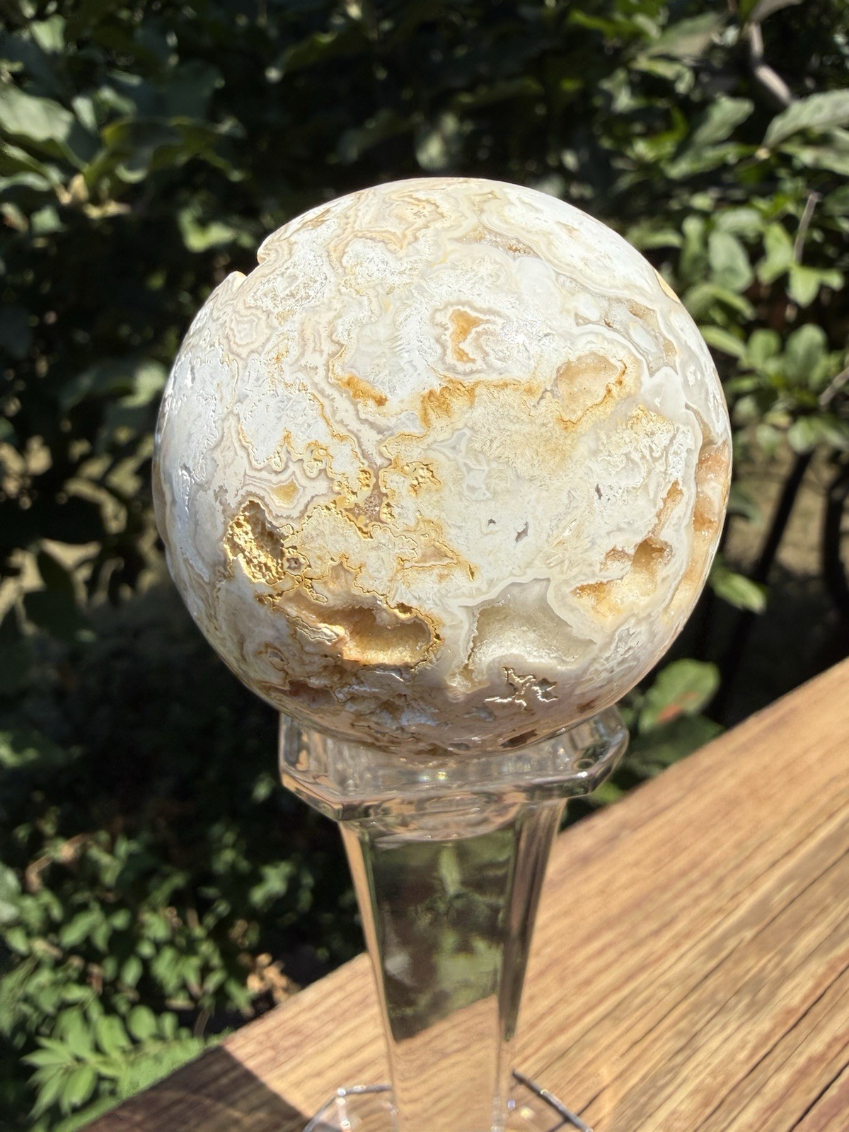 Pink Lace Agate Sphere 2.25 In With Tall Elegant Glass Stand 242g