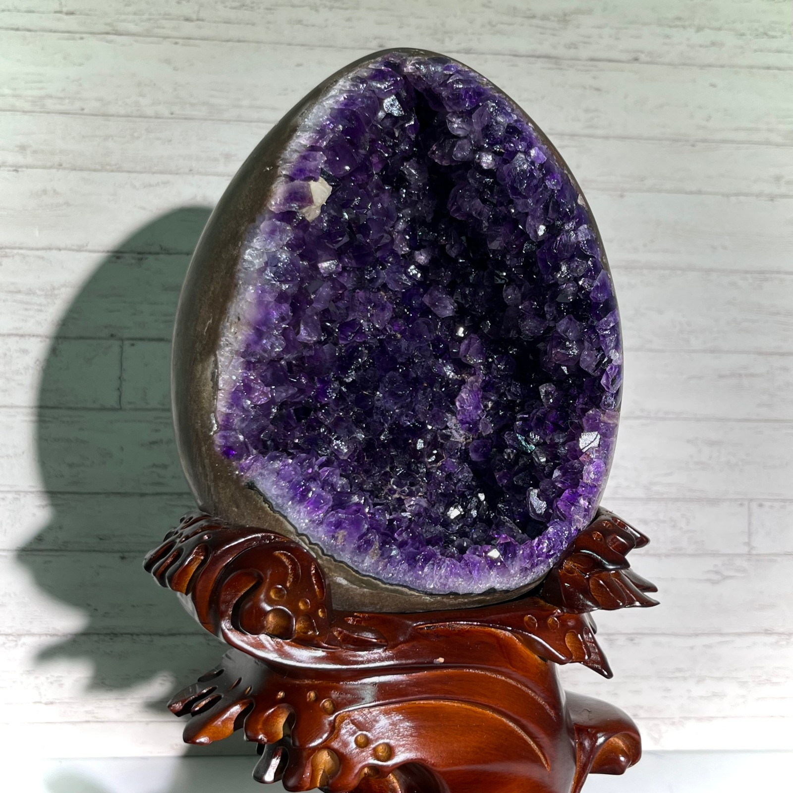 13.4 lb Amethyst Cluster Geode Dragon Egg Crystal w/ Wood Stand Mineral Specimen