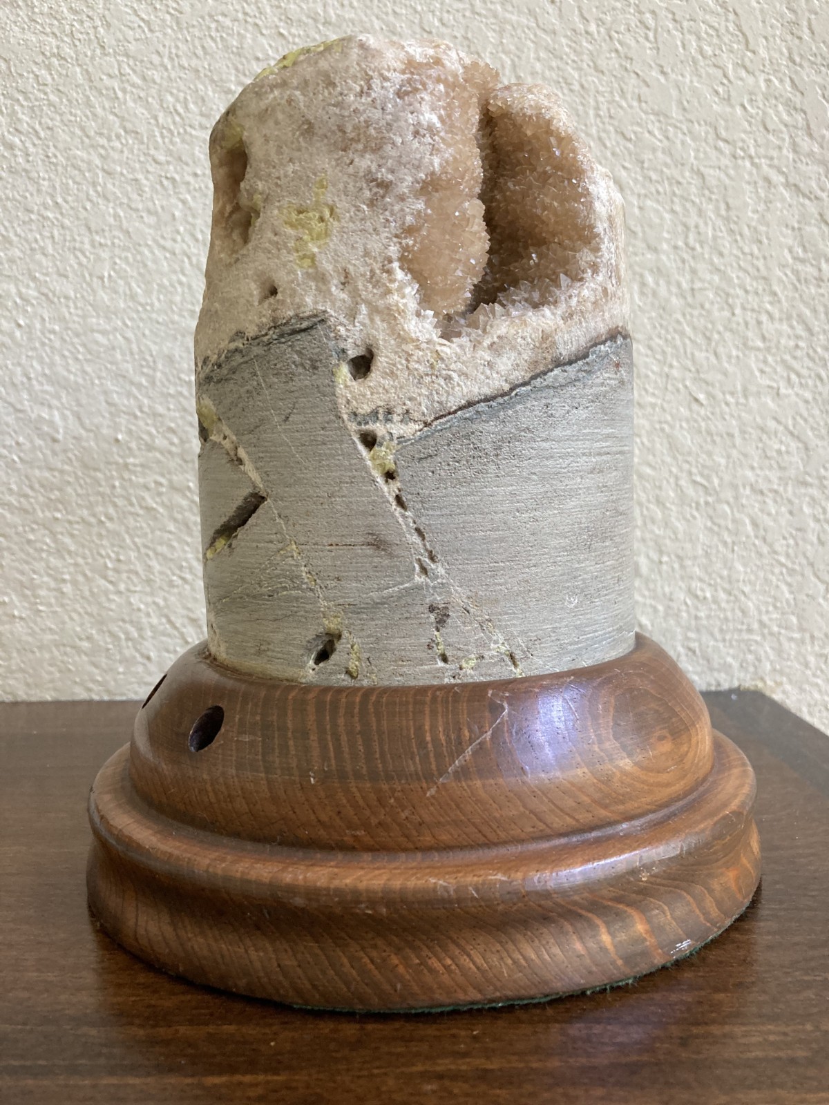 Natural Geological Drill Core w Crystals on Walnut Wood Pen Holder Display Base
