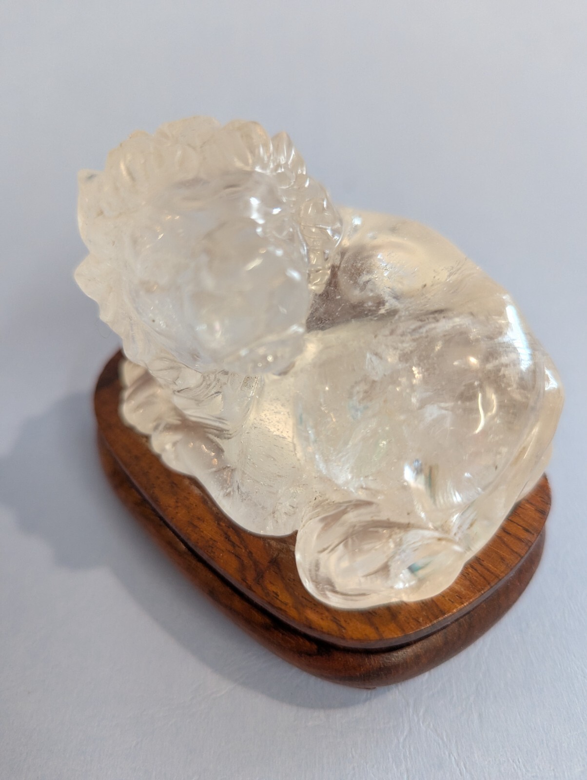 Clear quartz CRYSTAL carved LION with Cherry Wood stand Natural Mineral specimen