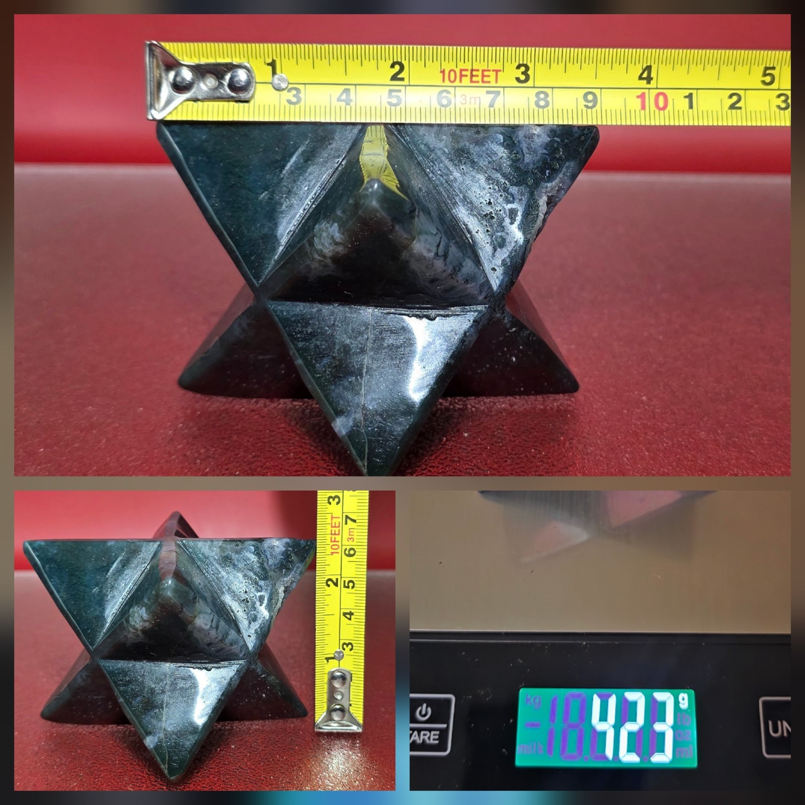 423g Moss Agate 8 Point Merkaba Star Carving Crystal Sacred Geometry Healing