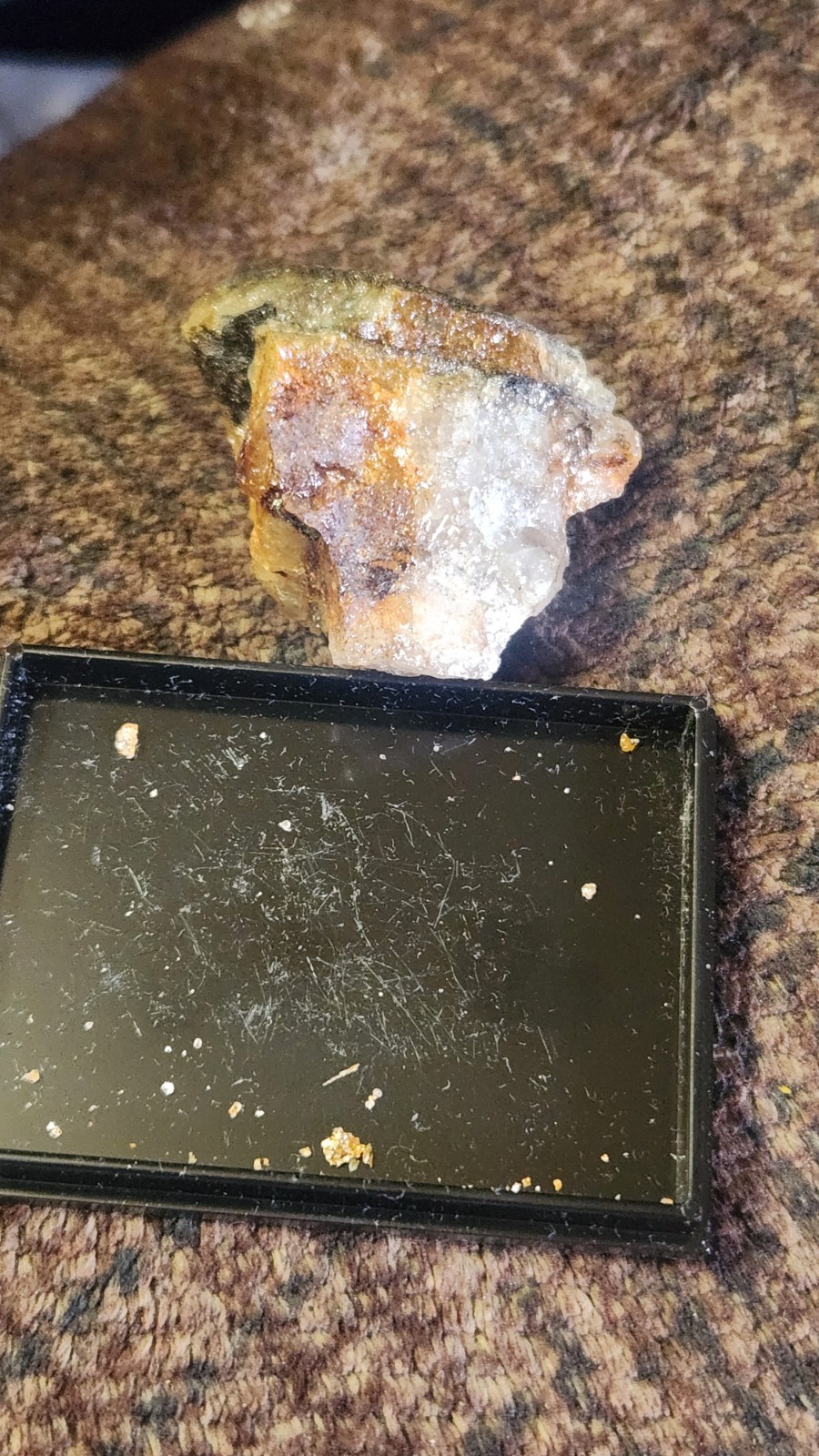 Gold Silver Quartz Crystal Mineral Specimen w Metallic Inclusions on Black Base