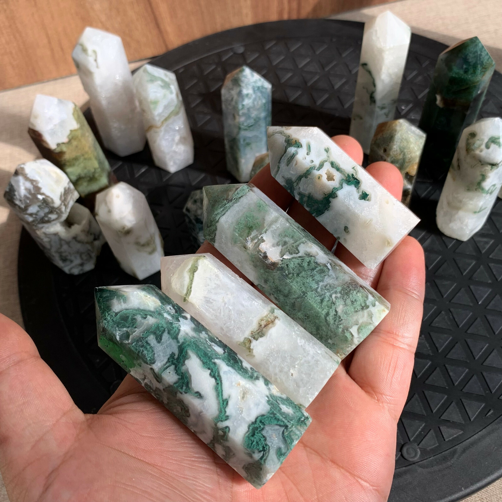 10pcs natural moss agate quartz obelisk crystal wand point healing 40-75mm
