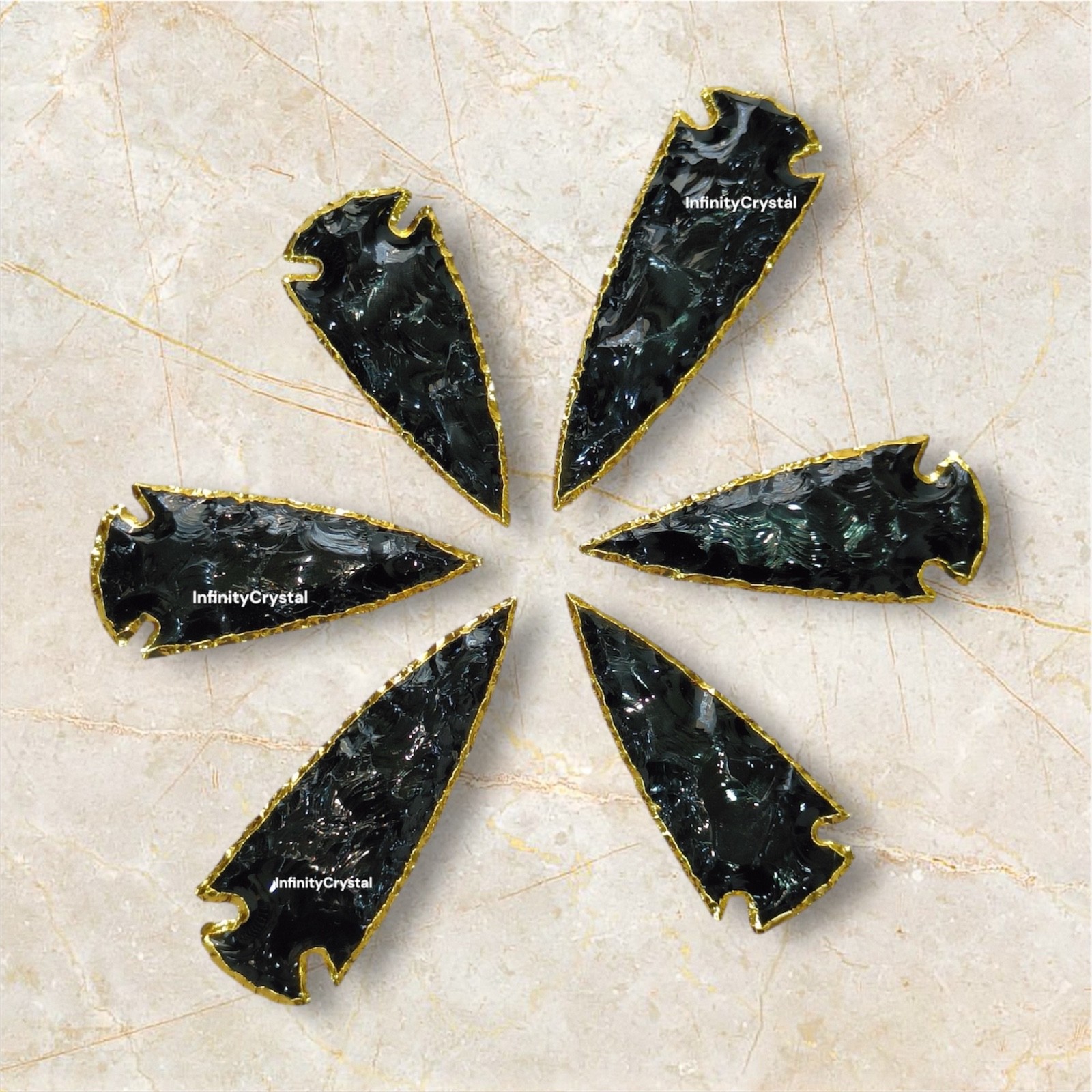 Black Obsidian Arrowheads 5 Pieces Set Gold Electroplated 3-4” Healing Crystals