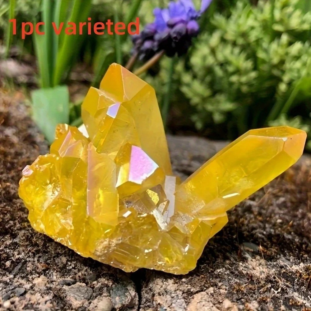 Natural Aura Yellow Citrine Crystal Titanium Cluster Healing Mineral Specimen US