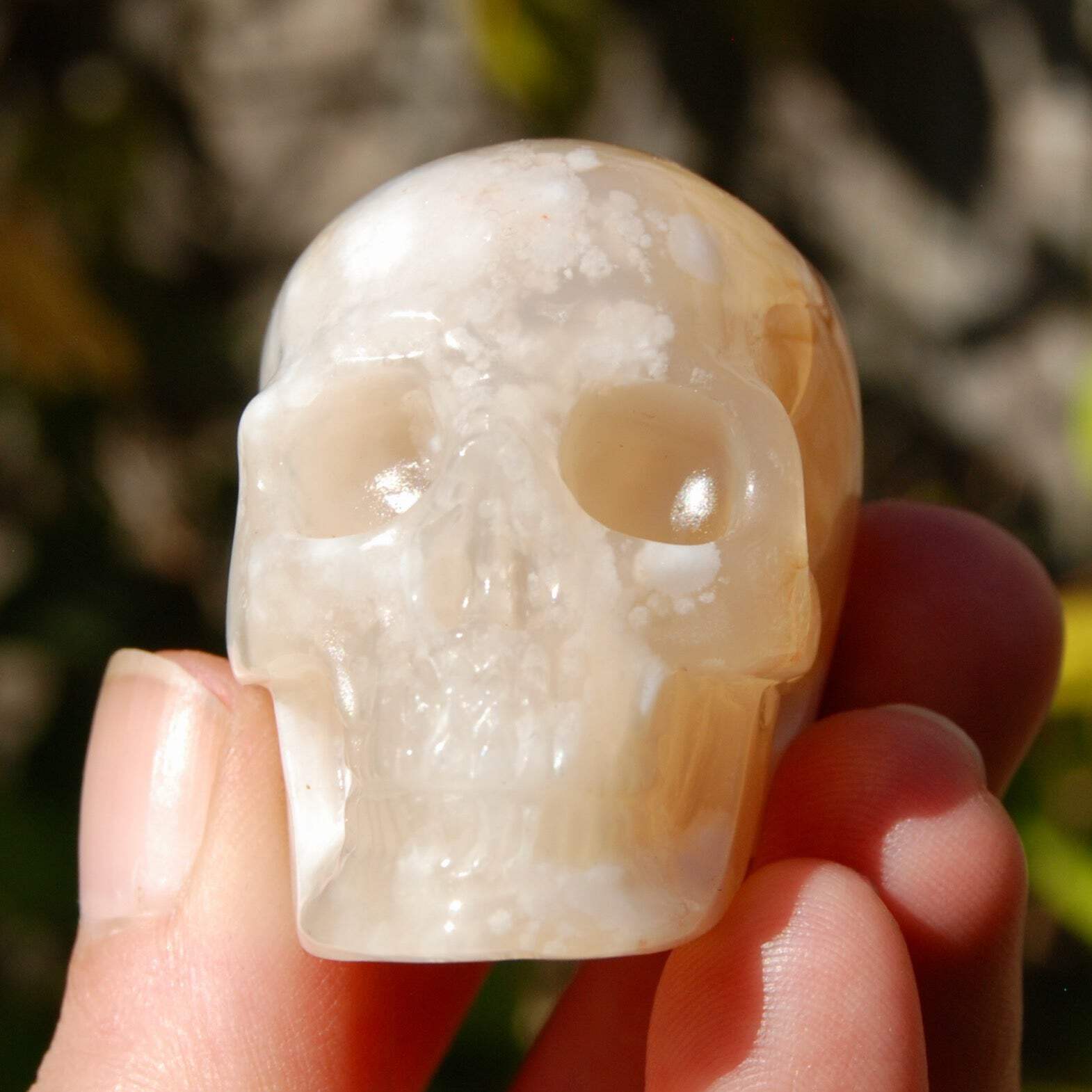 2in Sakura Flower Agate Carved Crystal Skull, Realistic Gemstone Carving
