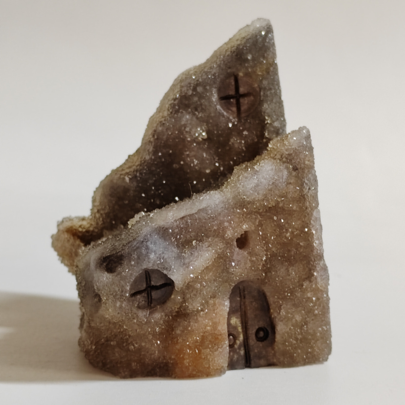 Natural crystal clusters, quartz mineral specimens, handmade carvings, house