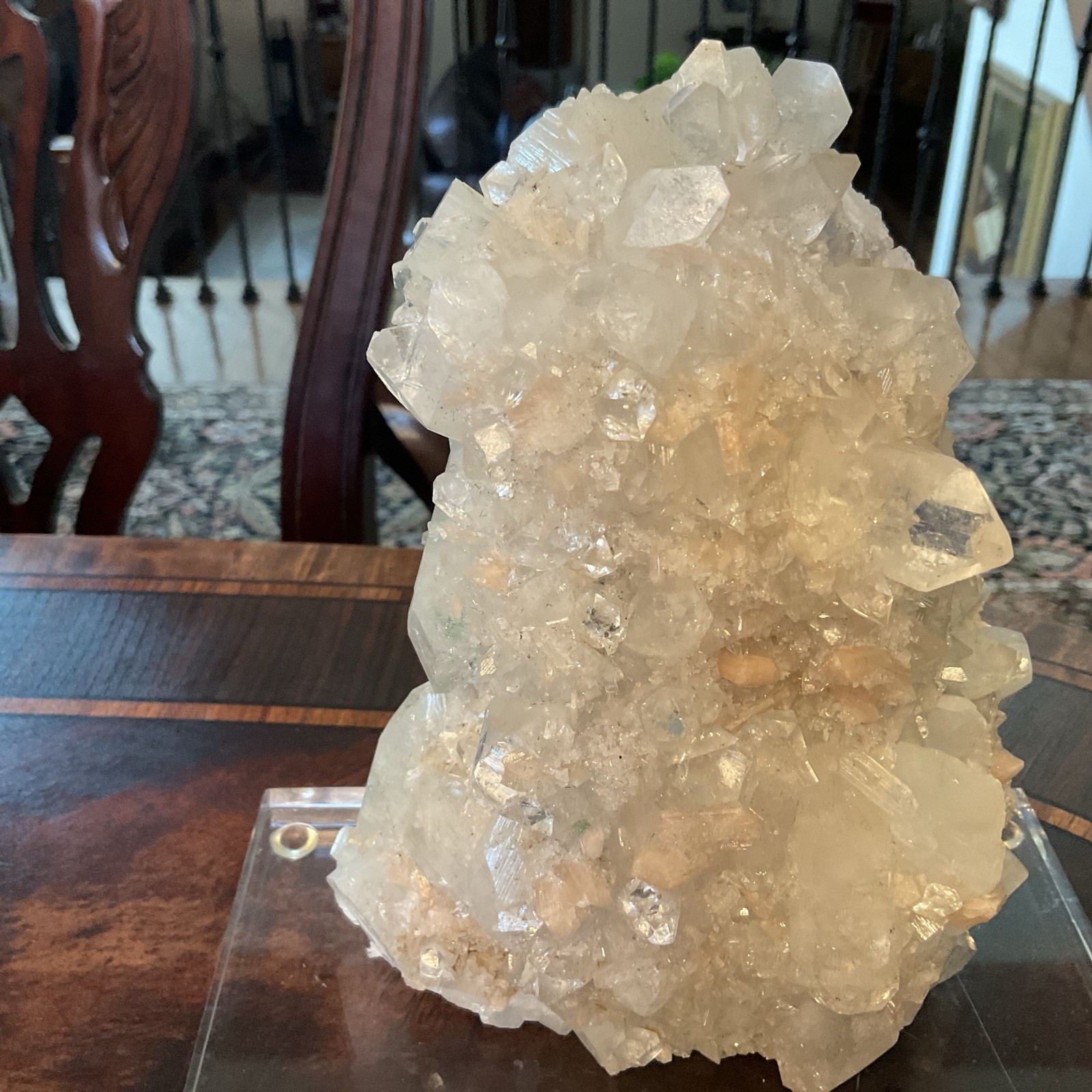 Large Quartz Crystal Cluster w/ White & Peach Minerals Lucite Display 7.5” Tall