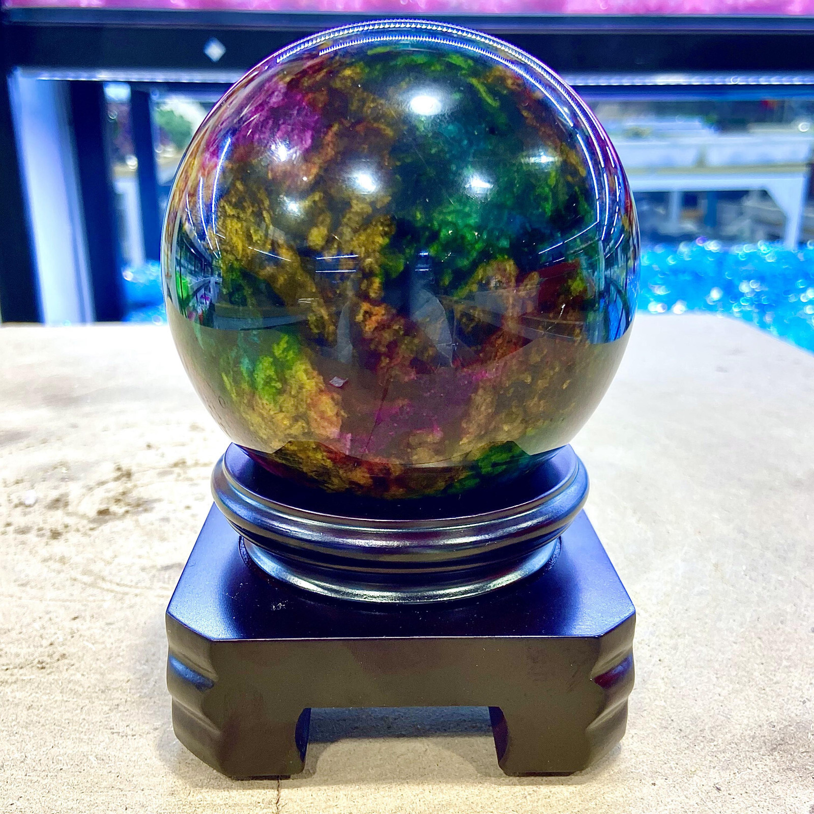 3.35LB Natural “Seven Colors Jade” sphere quartz polished ball decor gift+stand