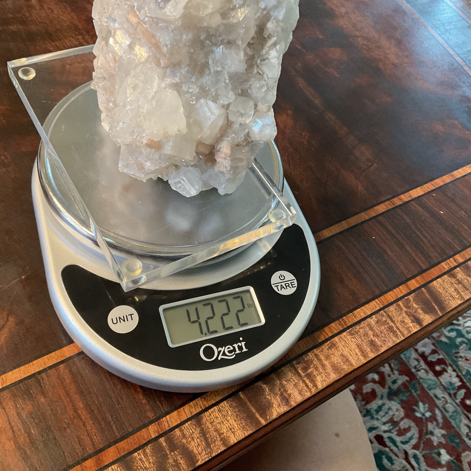 Large Quartz Crystal Cluster w/ White & Peach Minerals Lucite Display 7.5” Tall