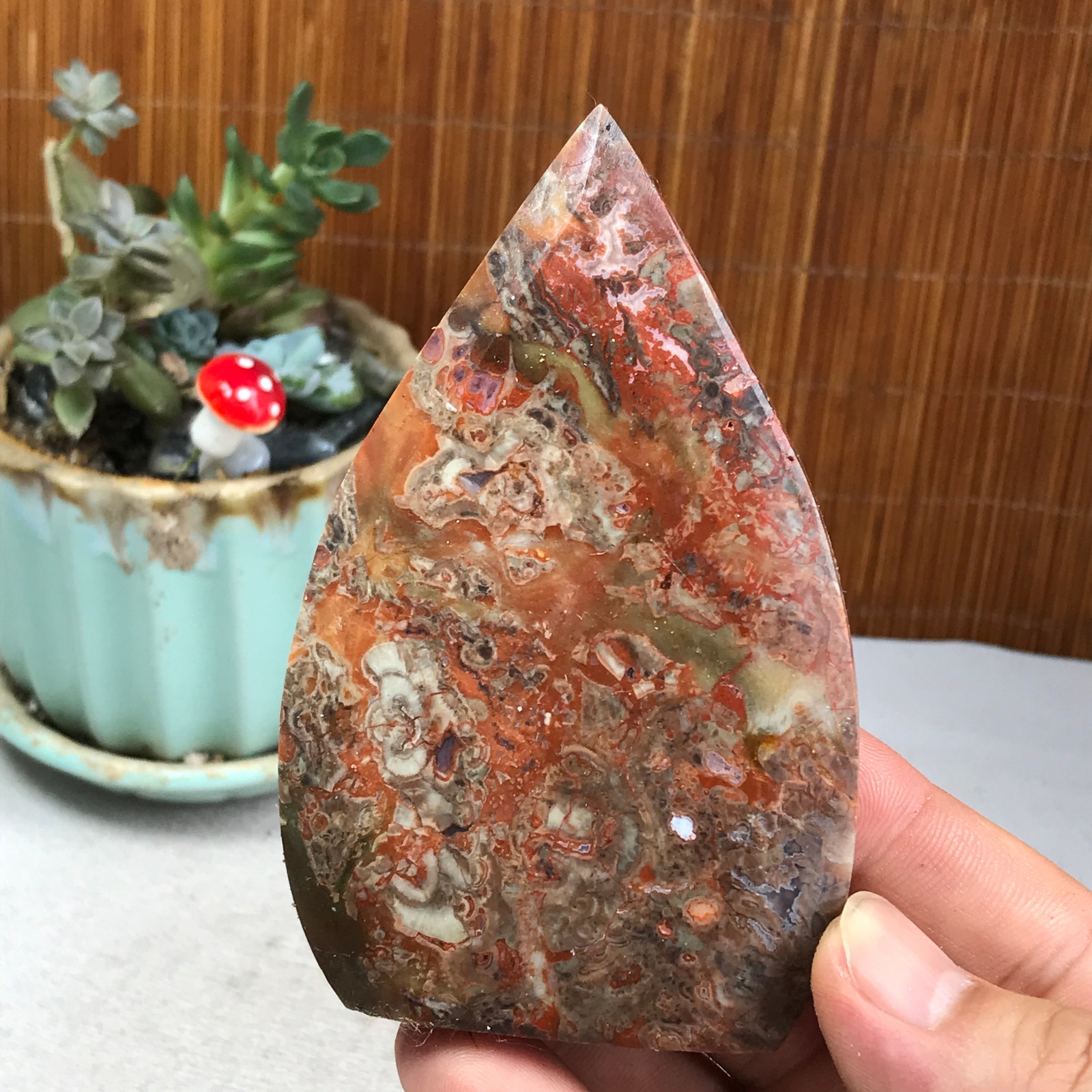 Natural money Mexico agate hand carve leaf Crystal Specimen free standing A6274