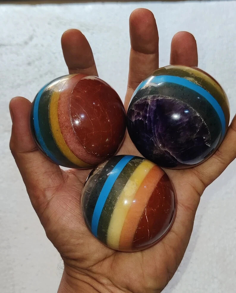 7 Chakra Bonded Crystal Polished Sphere 50-55mm for Reiki, Balance & Meditation