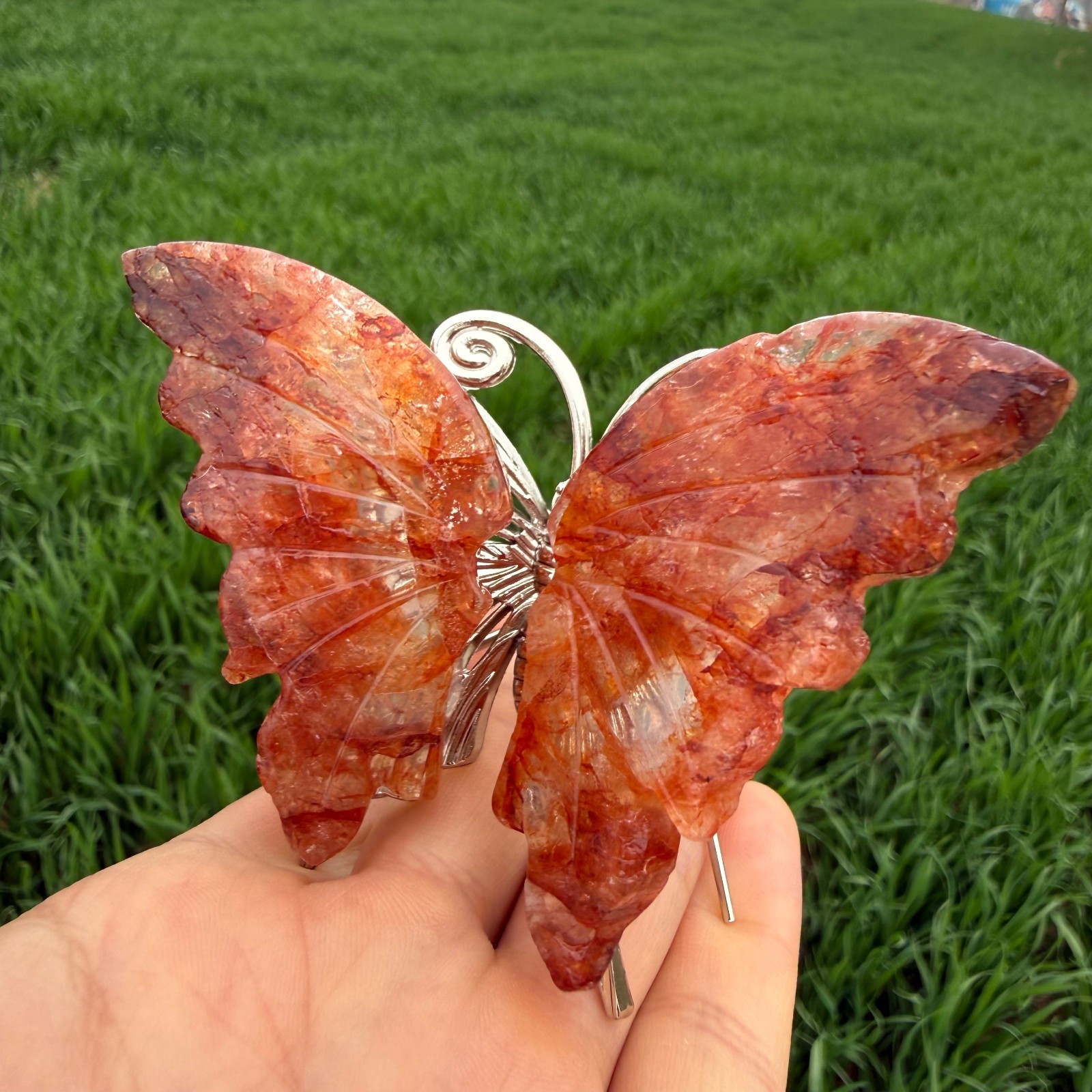 3.6″ Natural red gum flower Carved Butterfly Reiki Crystal Skull Decor gift 1pc