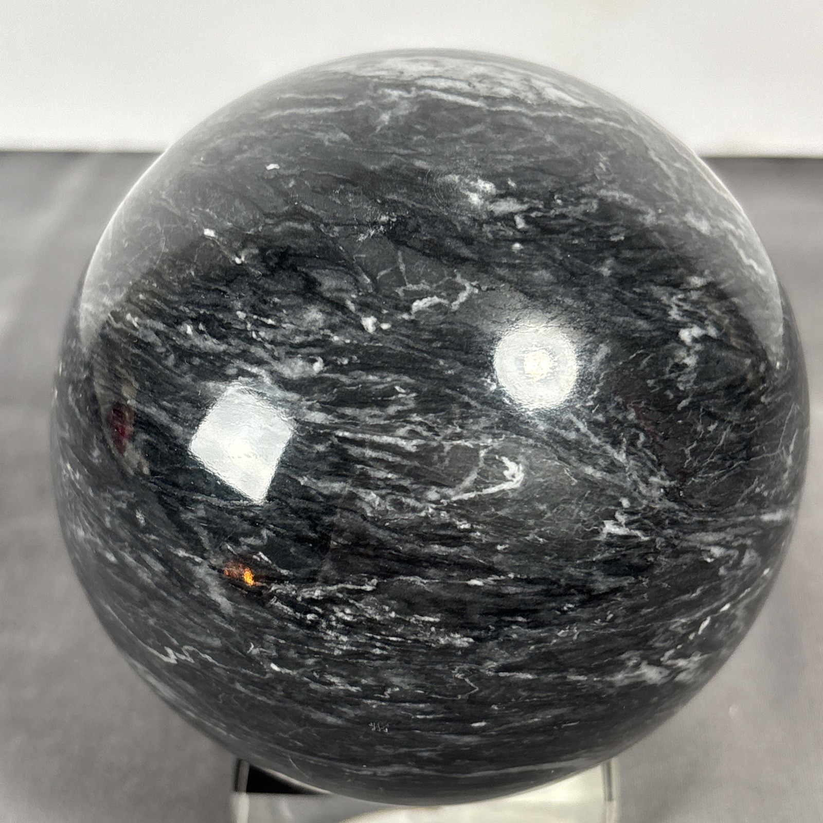 Polished Black Moonstone Large Sphere on Clear Acrylic Stand