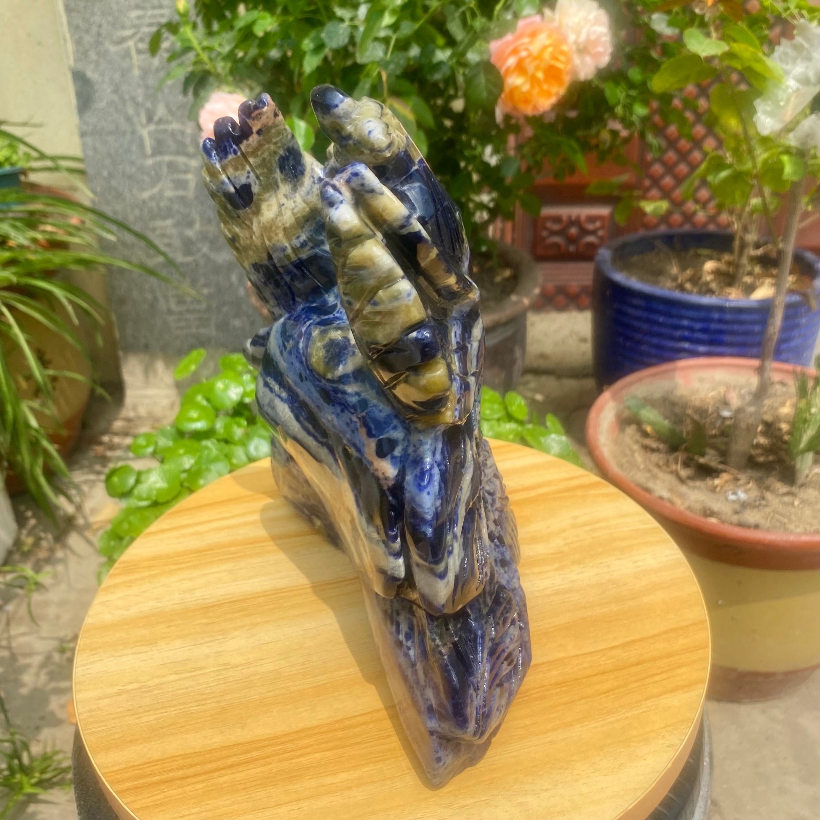 6.61LB Natural Blue Vein Stone Phoenix Carving, Home Decoration