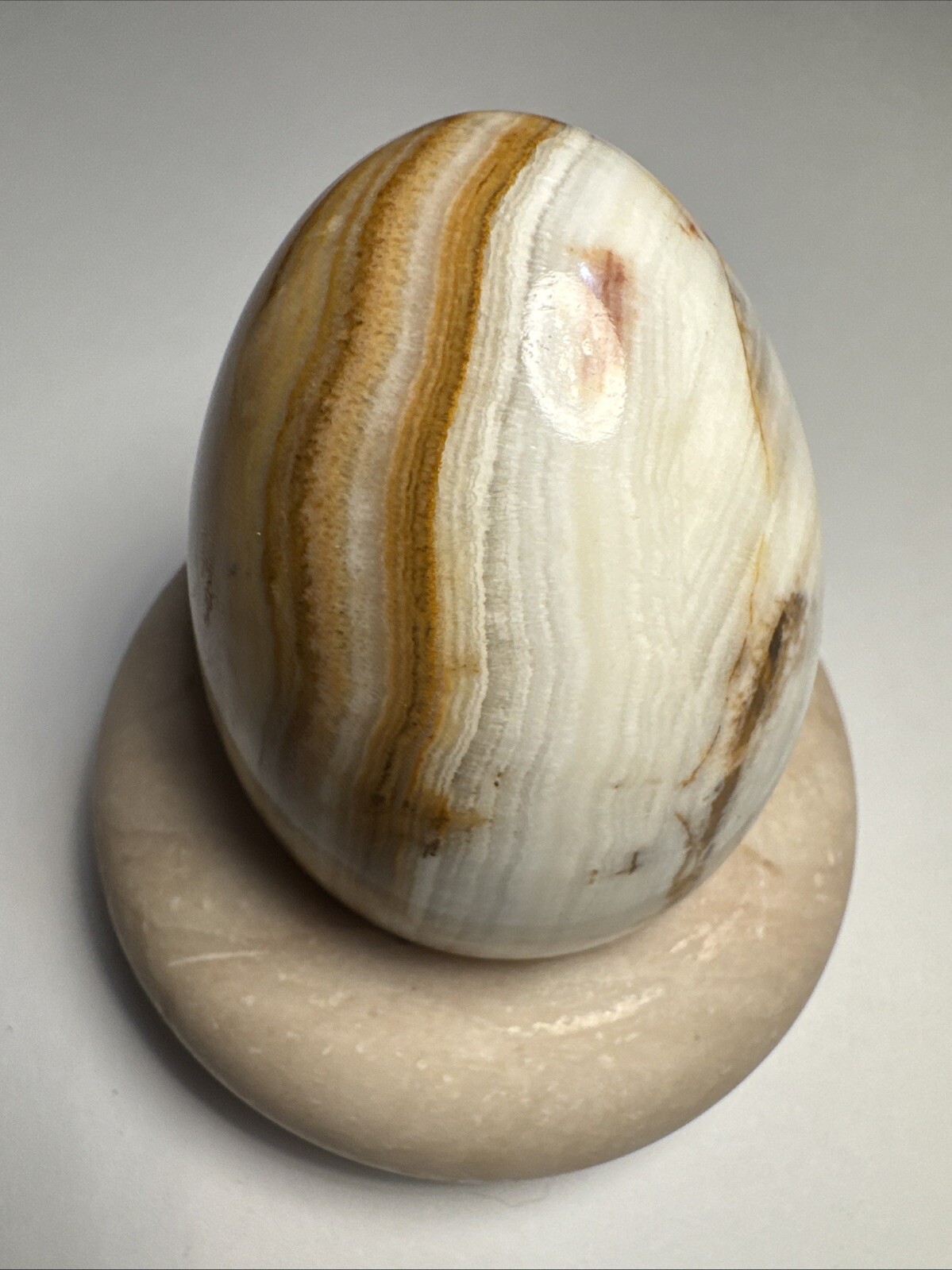 Vintage Beautiful Brown And White Tones Polished Onyx Egg With Marble Stand