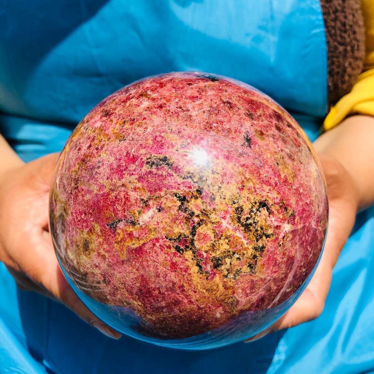 7.04LB Natural Rhodonite Crystal Sphere Pink Black Healing Gem Stone 4799