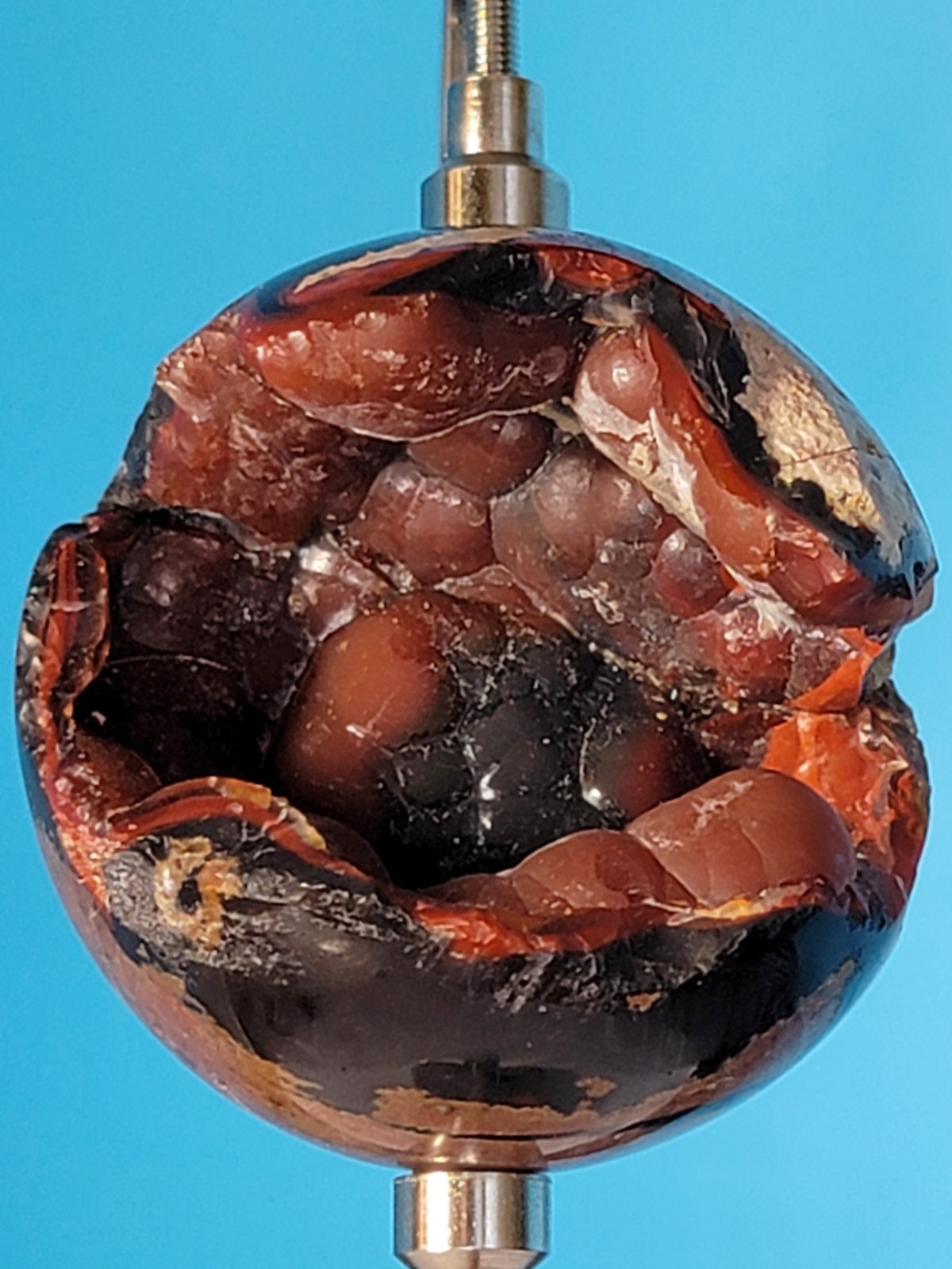 93G Natural Volcanic Red Agate QUARTZ Crystal Sphere and Aluminum Display Stand